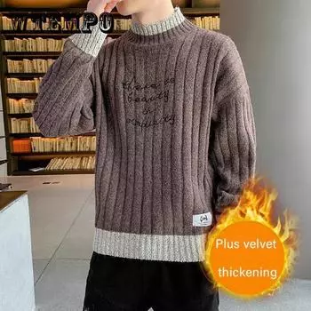 Осенне-зимний мужской свитер с полуводолазкой и флисовым уплотненным теплым пуловером, мягкий свободный повседневный свитер, базовая рубашка 3XL хаки