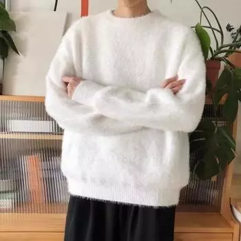 Осенне-зимний мужской свитер, свободный, толстый, трикотажный, пушистый, однотонный, с круглым вырезом, длинным рукавом, эластичный, средней длины свитер M чёрный