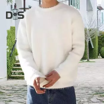 Осенне-зимний мужской свитер, свободный, толстый, трикотажный, пушистый, однотонный, с круглым вырезом, длинным рукавом, эластичный, средней длины, свитер для повседневной носки и работы M чёрный