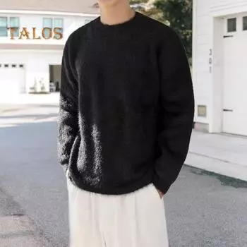 Осенне-зимний мужской свитер, свободный, толстый, трикотажный, пушистый, однотонный, с круглым вырезом, длинным рукавом, эластичный, средней длины, свитер для повседневной носки и работы M белый