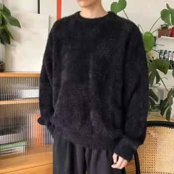 Осенне-зимний мужской свитер, свободный, толстый, трикотажный, пушистый, однотонный, с круглым вырезом, длинным рукавом, эластичный, средней длины, свитер для повседневной носки и работы M белый