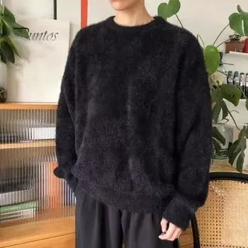 Осенне-зимний мужской свитер, свободный, толстый, трикотажный, пушистый, однотонный, с круглым вырезом, длинным рукавом, эластичный, средней длины, свитер для повседневной носки и работы M чёрный