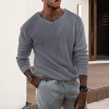 Осенне-зимний мужской свитер, трикотажный, однотонный, эластичный, свободный, с длинными рукавами, с V-образным вырезом, пуловер M кофейный