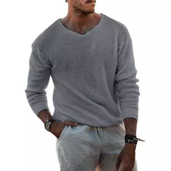 Осенне-зимний мужской свитер, трикотажный, однотонный, эластичный, свободный, высокоэластичный, с длинными рукавами, с V-образным вырезом, повседневный свитер для повседневной носки M чёрный