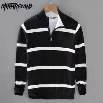 Осенне-зимний мужской свитер в европейском стиле, повседневный вязаный свитер, трикотаж в полоску на молнии, облегающий свитер из чистого хлопка M белый