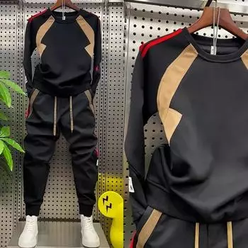 Осенне-зимний мужской теплый и утепленный спортивный костюм, свободные и универсальные повседневные брюки в стиле пэчворк с круглым вырезом и длинными рукавами, комплект из 2 предметов XXXXXL чёрный