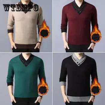 Осенне-зимний мужской трикотаж с V-образным вырезом, однотонный пуловер с утолщенным бархатом, теплая базовая рубашка, мягкий повседневный свитер, термобелье 4XL зелёный