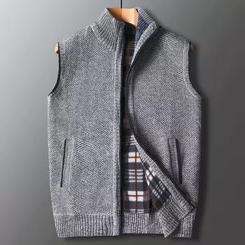 Осенне-зимний мужской вязаный кардиган без рукавов молодежный свободный бархатный на молнии шерстяная одежда M