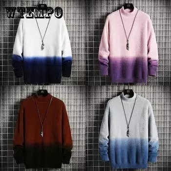 Осенне-зимний мужской вязаный свитер с круглым вырезом, пуловер с градиентным цветом и бархатной утолщенной теплой рубашкой, мягкий повседневный свитер, термобелье 3XL