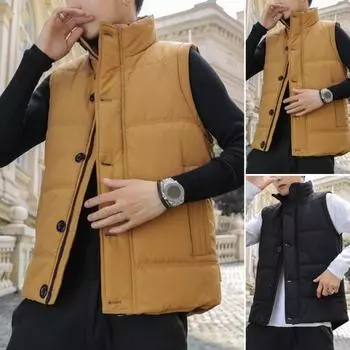 Осенне-зимний мужской жилет с хлопковой подкладкой и воротником-стойкой, однотонный морозостойкий жилет для мальчиков-подростков, пальто, уличная одежда XL чёрный