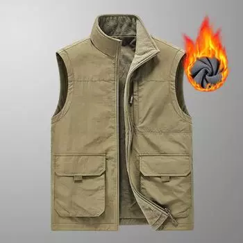 Осенне-зимний мужской жилет среднего возраста из утолщенного бархата с основой для сохранения тепла и повседневным жилетом, с многокарманным жилетом с обеих сторон M хаки
