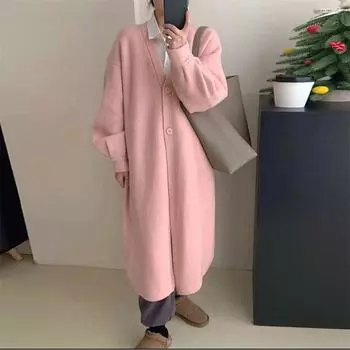 Осенне-зимний нежный мягкий липкий вязаный кардиган женский однотонный ленивый ветер свободный тонкий срез длиной до колена куртка One size серый