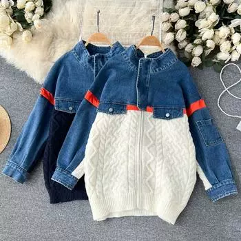 Осенне-зимний новый дизайн Sense Lazy Wind Вязание в стиле пэчворк Свободный повседневный пуловер-свитер