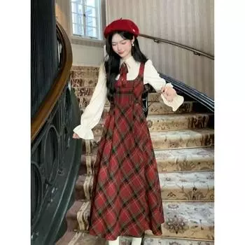 Осенне-зимний новый французский ретро-костюм блузка и клетчатое платье на бретельках S красный
