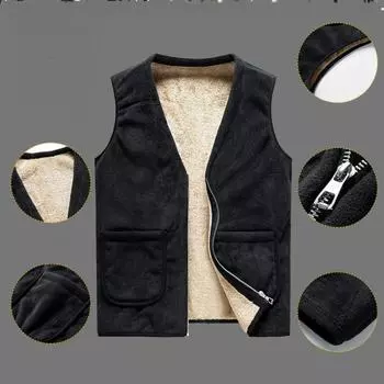 Осенне-зимний новый модный однотонный мужской жилет плюс бархатный повседневный универсальный теплый жилет большого размера с подкладкой для мужчин M-6XL XXL чёрный