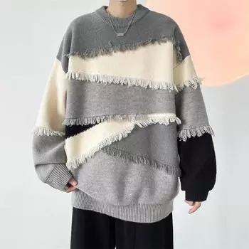 Осенне-зимний новый мужской американский ретро-свитер, ленивый и стильный свитер Su, японский дизайн, контрастный цвет, вязаный свитер M серый