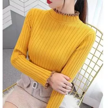 Осенне-зимний новый однотонный женский джемпер с деревянным краем уха и полувысоким воротником внутри, тонкий пуловер, тонкая трикотажная рубашка S зелёный