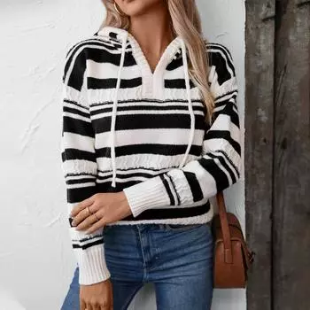 Осенне-зимний новый полосатый женский свитер, европейский и американский свитер с капюшоном, трикотажный топ на шнурке для женщин S