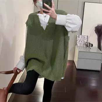 Осенне-зимний новый ретро-жилет в иностранном стиле, женский свитер без рукавов с V-образным вырезом, свободный и тонкий универсальный вязаный свитер, жилет, топ One size светло-серый