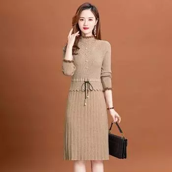 Осенне-зимний новый шерстяной женский пуловер средней длины с твердой талией высокого качества длиной до колена и круглым вырезом One Size чёрный