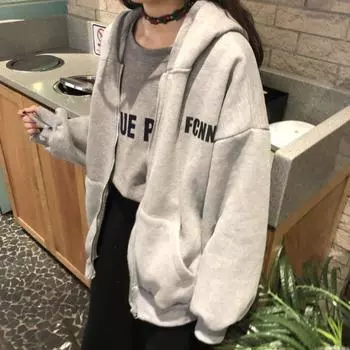 Осенне-зимний новый стиль, бархатный кардиган с буквенным принтом, толстовка для женщин, корейская версия, куртка с капюшоном на молнии для женщин S