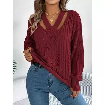 Осенне-зимний новый свитер-пуловер с V-образным вырезом и рукавами-фонариками из жареного теста S винный