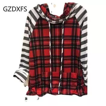 Осенне-зимний новый свитер с длинными рукавами и полосками в клетку с капюшоном S красный