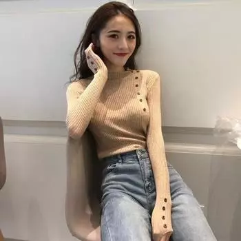 Осенне-зимний новый свитер с полувысоким воротом и пуговицами, универсальный и облегающий крой, длинные рукава, а также вязаный свитер для женщин one size белый