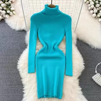 Осенне-зимний новый свитер с воротником-водолазкой, утолщенная тонкая вязаная юбка средней длины с внутренней стороны, платье-свитер One Size синий