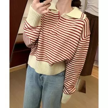 Осенне-зимний новый свитер в стиле колледжа с воротником-поло, свободный и тонкий, универсальный, с полосатым воротником, с длинными рукавами, трикотажный топ One size красный