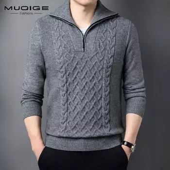 Осенне-зимний новый утолщенный мужской свитер с воротником до середины иглы, свободный пуловер на молнии, вязаный свитер для мужчин M серый