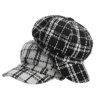 Осенне-зимний новый женский берет в черно-белую клетку one size fits all чёрный
