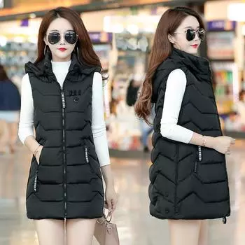 Осенне-зимний новый женский хлопковый жилет, средний и длинный, большого размера, облегающий, с капюшоном, без рукавов, пуховый хлопковый жилет XXL зелёный