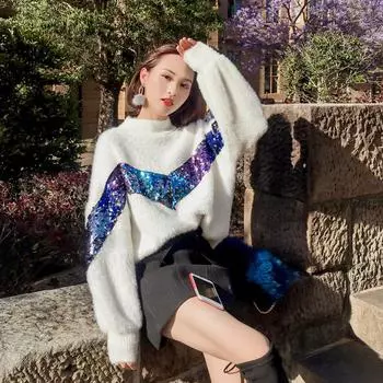 Осенне-зимний новый женский свитер, бархатный пуловер из имитации норки, украшенный блестками, теплый свитер One Size белый
