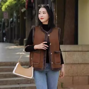 Осенне-зимний новый женский свободный жилет из овечьей шерсти с мехом, удобный и теплый, ретро-модный, универсальный L хаки