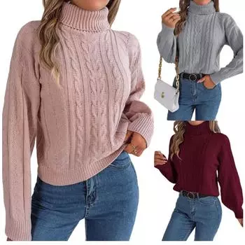 Осенне-зимний новый женский вязаный пуловер с высоким воротником и длинными рукавами S розовый