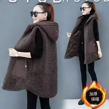 Осенне-зимний новый жилет из овечьей шерсти для женщин, средний и длинный утолщенный плюшевый жилет, иностранный свободный жилет из хлопка, куртка M темно-коричневого