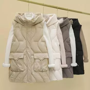 Осенне-зимний новый жилет с капюшоном из хлопка, женский жилет средней и длинной длины из хлопка, жилет из хлопка Foreign Gas L чёрный