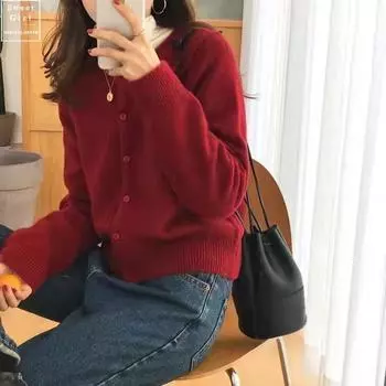 Осенне-зимний однотонный элегантный вязаный кардиган для женщин, свободная верхняя одежда, свитер с длинным рукавом, куртка, женская мода, круглый вырез, повседневное трикотажное пальто 24887 One Size чёрный