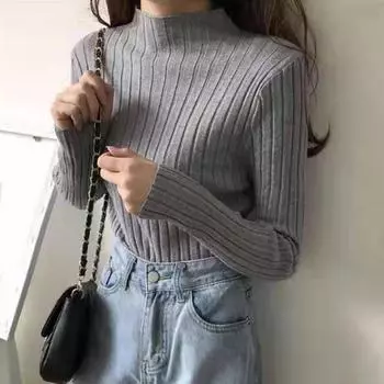 Осенне-зимний однотонный повседневный вязаный женский свитер с полувысоким воротником и длинными рукавами, элегантные модные облегающие джемперы, топ 24972 One Size белый