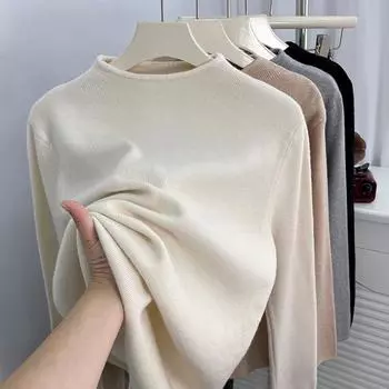 Осенне-зимний однотонный свитер-пуловер для женщин, повседневный вязаный свитер с высоким воротом для женщин, элегантный облегающий трикотажный топ с длинным рукавом 25056 One Size синий