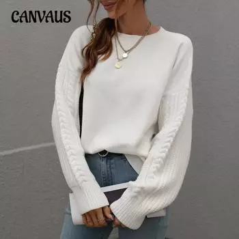 Осенне-зимний однотонный трикотажный свитер больших размеров для женщин с длинным рукавом и круглым вырезом, перекрученный свитер S белый