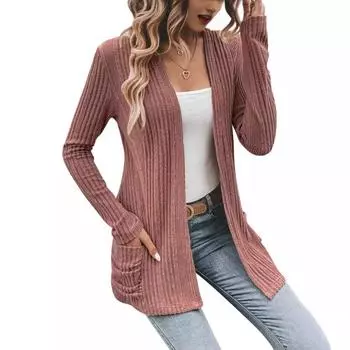 Осенне-зимний однотонный вязаный кардиган средней длины с длинными рукавами и карманами, свитер для женщин S розовый