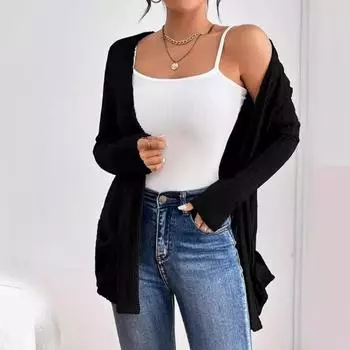 Осенне-зимний однотонный вязаный кардиган средней длины с длинными рукавами и карманом S бордовый