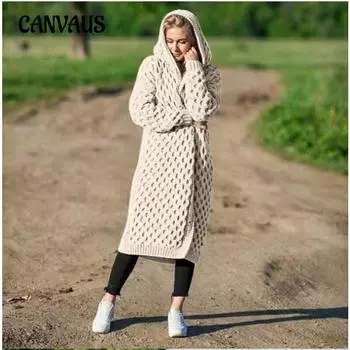 Осенне-зимний однотонный женский длинный вязаный джемпер с капюшоном кардиган куртка S белый