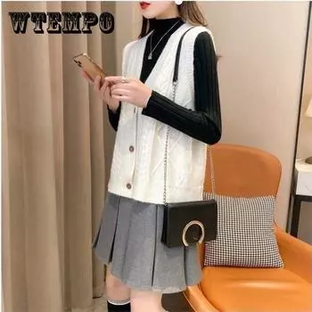 Осенне-зимний однотонный жилет с V-образным вырезом Вязаный жилет Свободное пальто на пуговицах Универсальное One Size