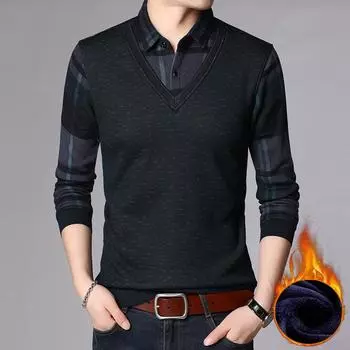 Осенне-зимний отпуск, двухкомпонентная рубашка с воротником, бархатная футболка, мужской повседневный свитер, модный осенний низ, топ M