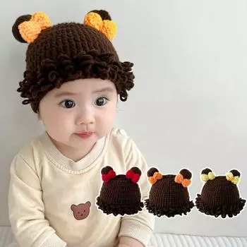 Осенне-зимний парик для малышей, шапка для новорожденных, шапки-бини, парик, детская вязаная шапка, парик, подарок на Новый год red-2