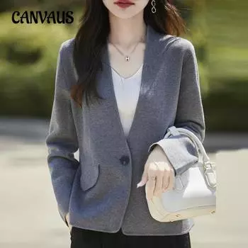 Осенне-зимний пиджак на одну пуговицу, женский пиджак, вязаный кардиган, однотонный костюм с V-образным вырезом M серый
