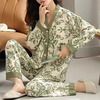 Осенне-зимний пижамный комплект для женщин, элегантный зеленый пижамный костюм с цветочным принтом для девочек, модный женский пижамный комплект с длинным рукавом и V-образным вырезом M